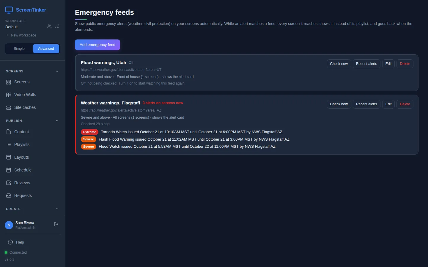 The Emergency feeds page with two feeds. Flood warnings, Utah is marked Off and says it is not being checked. Weather warnings, Flagstaff has a red edge and says 3 alerts on screens now: an Extreme Tornado Watch, a Severe Flash Flood Warning and a Severe Flood Watch, all issued by NWS Flagstaff AZ. Each card has Check now, Recent alerts, Edit and Delete buttons.