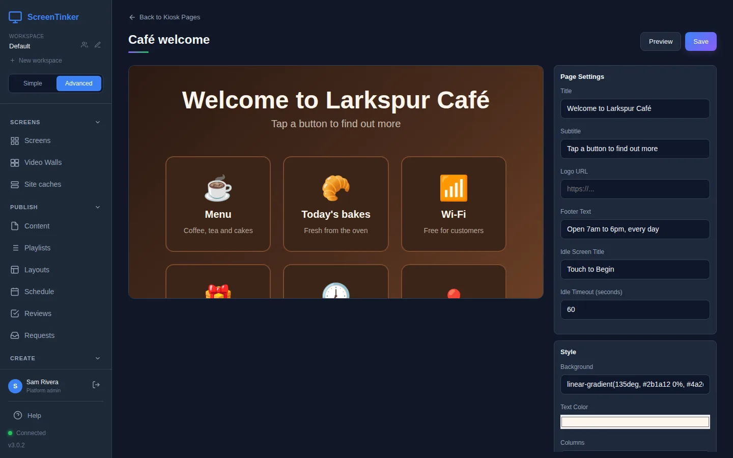The kiosk editor for the page Café welcome. On the left, a preview with the title Welcome to Larkspur Café, the subtitle Tap a button to find out more, and buttons for Menu, Today's bakes and Wi-Fi. On the right, the Page Settings panel with Title, Subtitle, Logo URL, Footer Text, Idle Screen Title set to Touch to Begin and Idle Timeout set to 60, and the start of the Style panel. Preview and Save buttons are at the top right.