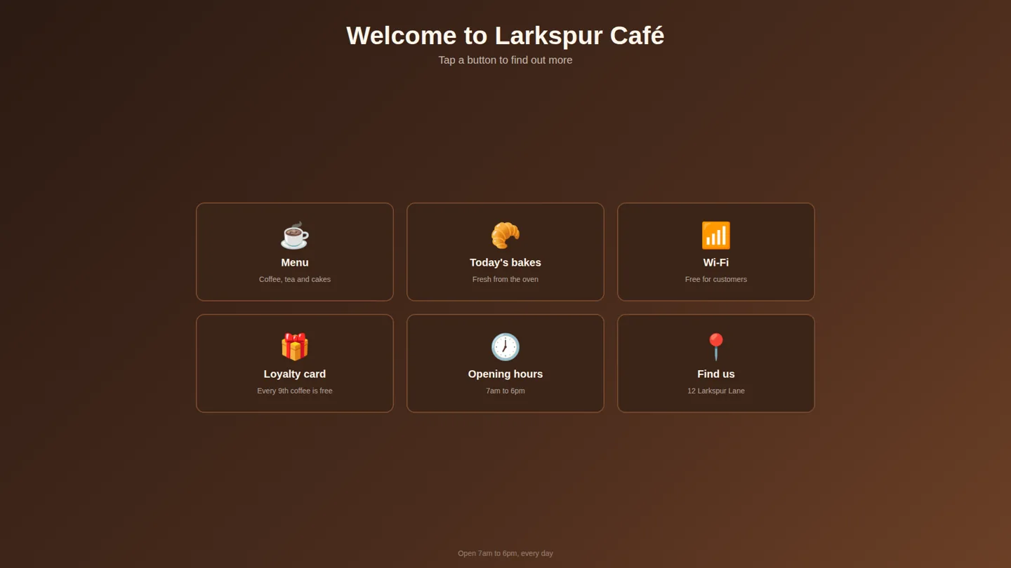 The finished kiosk page at full screen: the title Welcome to Larkspur Café, the subtitle Tap a button to find out more, six large buttons in three columns (Menu, Today's bakes, Wi-Fi, Loyalty card, Opening hours and Find us), each with an emoji and a short line of text, and the footer Open 7am to 6pm, every day.