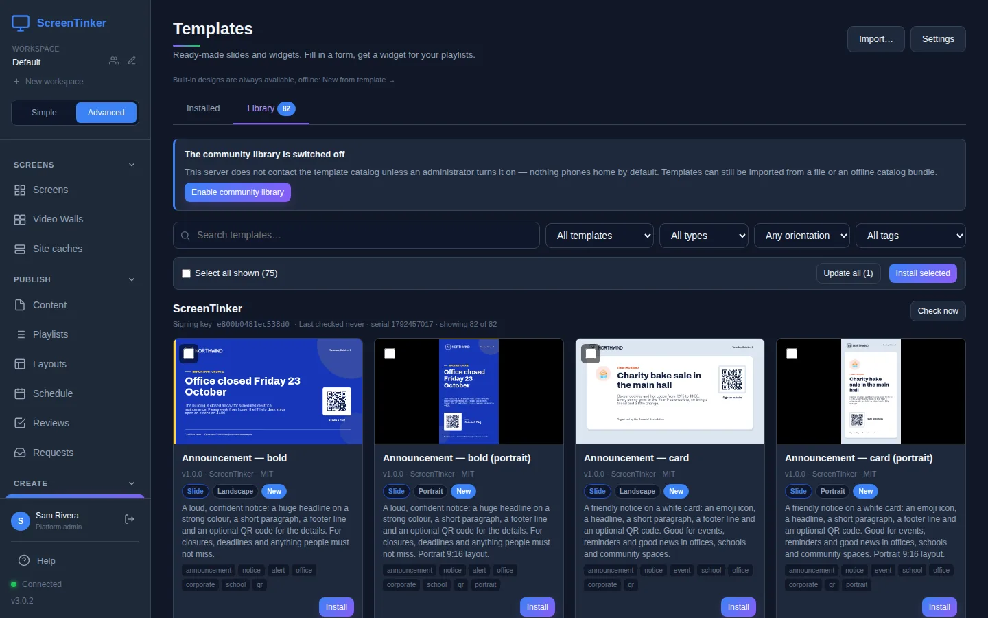 The Library tab as a server administrator. A box says The community library is switched off, with an Enable community library button. Below it a search box, the filters All templates, All types, Any orientation and All tags, a Select all shown (75) tick box with Update all (1) and Install selected buttons, and the ScreenTinker catalog with its signing key, serial and showing 82 of 82. Cards for Announcement templates have Slide, Landscape or Portrait and New badges and an Install button.