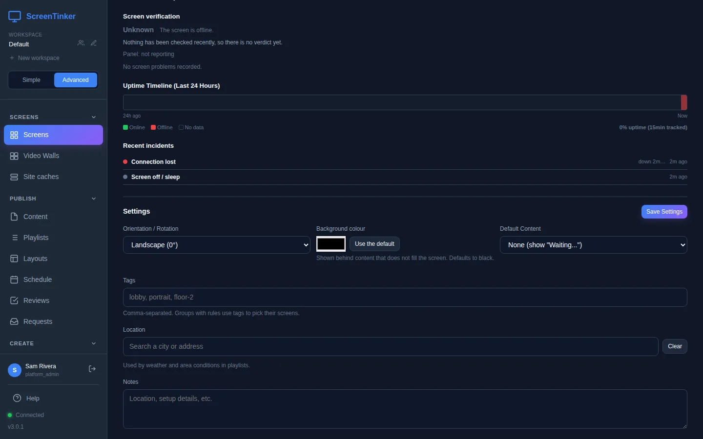 The Device Info tab of the offline screen Window screen. Screen verification says Unknown, the screen is offline. The Uptime Timeline for the last 24 hours ends in a red offline block, 0% uptime. Recent incidents lists Connection lost, down 2 minutes, and Screen off / sleep, both 2 minutes ago.
